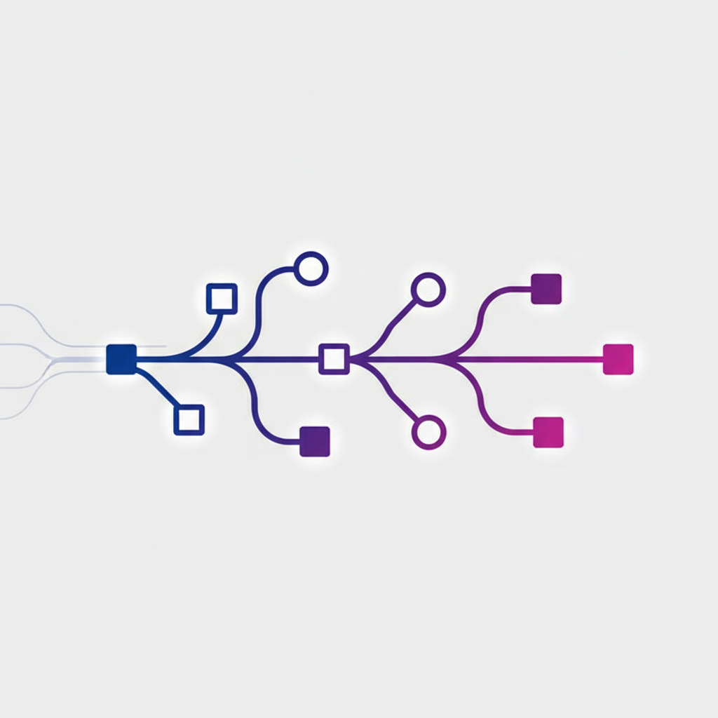 Abstract decision tree illustration with branching nodes in blue and purple gradient, representing the journey of intelligent decision-making