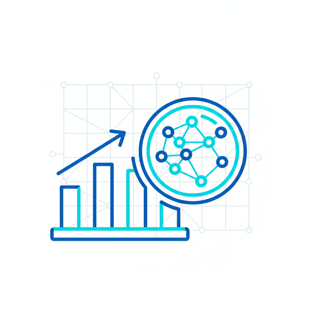 Bar chart with upward trend and analytical lens, representing data analysis and systems thinking in cool blue and cyan colors