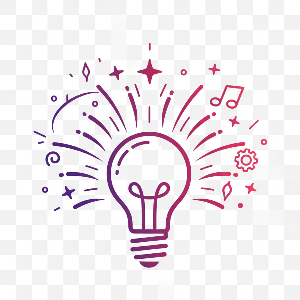 Lightbulb with creative elements like stars and sparkles bursting out, representing innovation and idea generation in vibrant purple and pink gradient