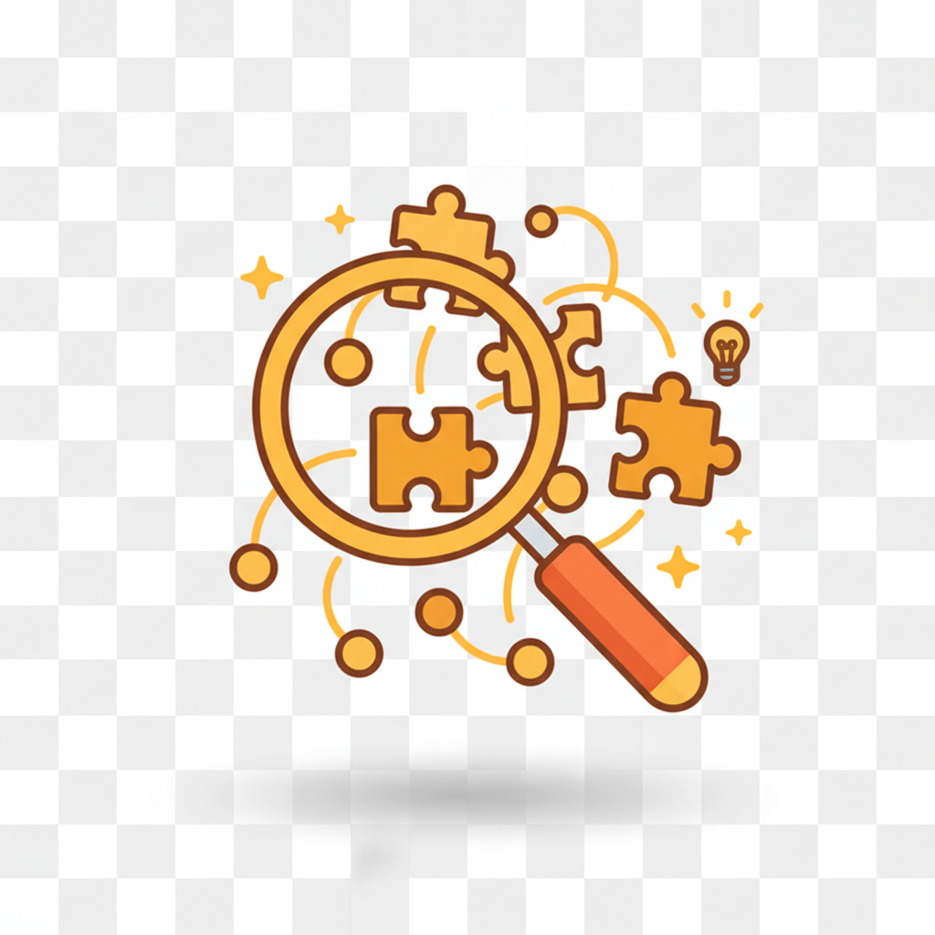 Magnifying glass examining interconnected puzzle pieces, representing analysis and understanding in warm amber and orange colors