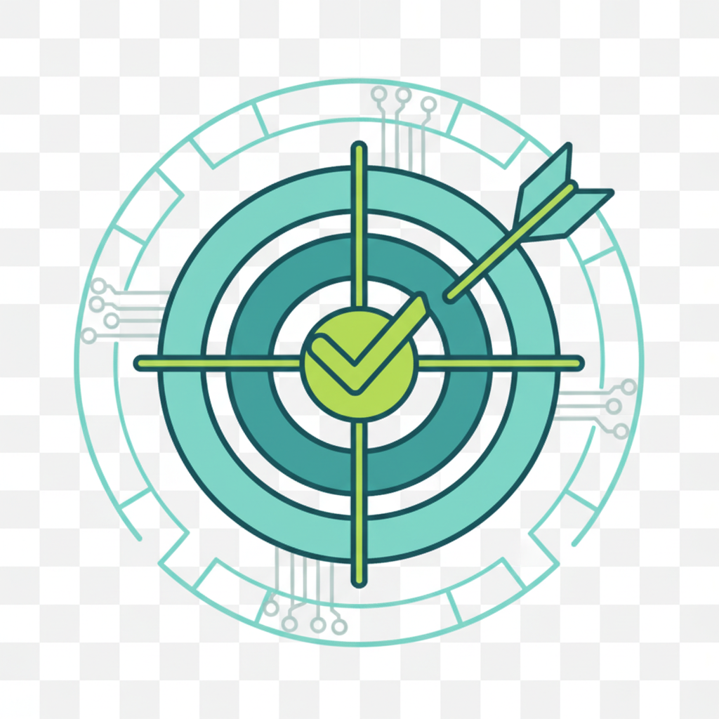 Target bullseye with arrow and checkmark, representing problem-solving and decision-making in vibrant green and teal colors
